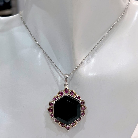 Black Tourmaline Rhodolite Garnet 14K YG Sterling Silver Pendant Necklace - Picture 2 of 13